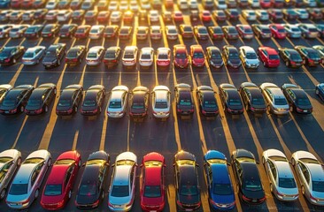 Fototapeta premium Aerial View of a Vast Parking Lot Filled with Cars at Sunset
