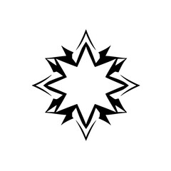 Black and white starburst shape, minimalist illustration, featuring a clean and modern geometric design against a white background.