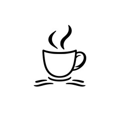 Minimalist black and white illustration of a steaming cup of coffee with steam rising from its surface.