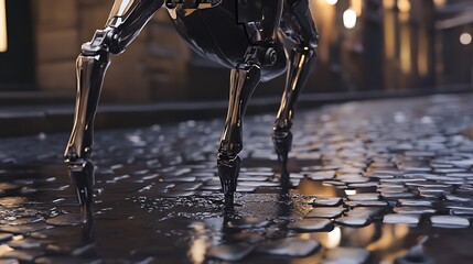 A close-up view of a robotic creature walking on a rainy cobblestone street at night, highlighting its sleek metallic legs and reflections in the puddles