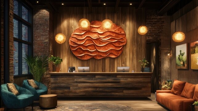 Boutique hotel reception with a modern rustic vibe, wooden paneling, and warm, inviting lighting