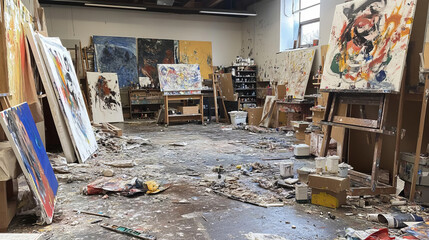 Abandoned messy art classroom studio with crack wall. Messy and dirty artist workshop room with tor canvas on easel, broken floor and paint splash. Painting equipment for student to draw illustration