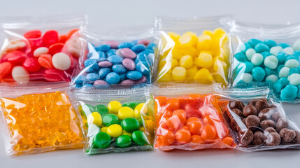 White polyethylene package for candies, chocolate, lollipops, truffle, food snacks and pouch sweets production. Vector mockup set of candy wrappers for brand ad design isolated on grey background.