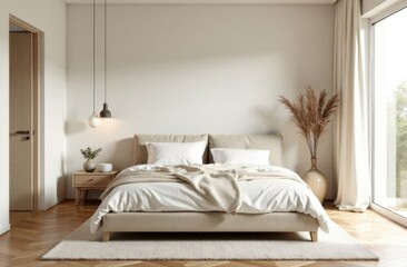 Interior of bedroom with bed, shelving unit and folding screen