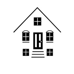 Minimalist Illustration of a Black and White House: Simple Design with Door, Windows, and Roof.