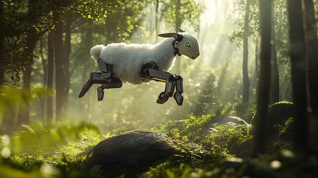 A robotic sheep leaping gracefully above the ground in a lush green forest, surrounded by soft sunlight filtering through the trees