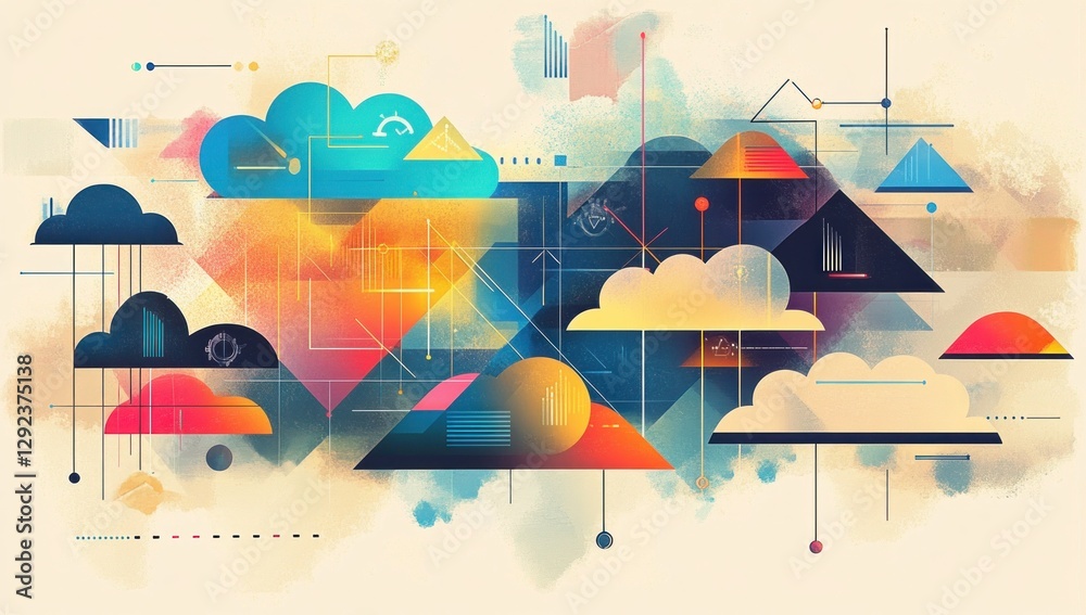Wall mural geometric abstraction with cloud elements creating a futuristic technology landscape concept
