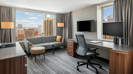 Business-class hotel suite with a large workspace, high-speed internet, and a professional setup