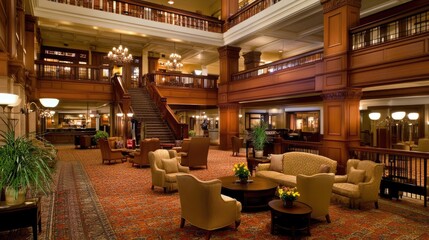 Classic European-style hotel lobby with intricate moldings, elegant chandeliers, and soft upholstered chairs