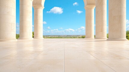 Colonnaded patio overlooking cityscape, sunny day