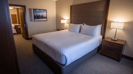 Comfortable hotel room with a clean white bedspread, nightstand, and a stylish headboard
