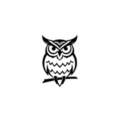 Silhouette of an owl perched on a branch, a black and white image, simple and minimalist, vector art on a white background.