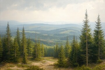 Summer Landscape with Dead Trees and Misty Hills