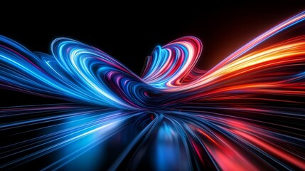 Obraz premium Blue and red light trails gracefully flow and dance on a deep black backdrop, crafting a mesmerizing abstract visual experience that deeply captivates and enchants viewers with its elegance