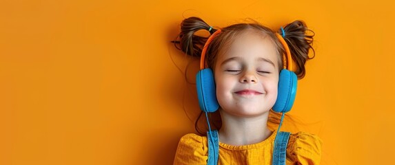 A happy young girl wearing headphones against a vibrant orange background, enjoying music with eyes closed and peaceful expression