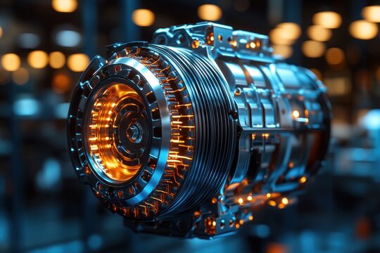 Close up of car alternator featuring metallic textures and copper wires