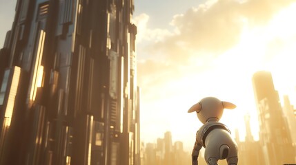 A small dog gazing at futuristic skyscrapers illuminated by a warm sunset, creating an atmosphere of wonder and exploration in a vibrant cityscape