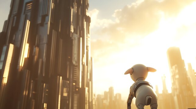 A small dog gazing at futuristic skyscrapers illuminated by a warm sunset, creating an atmosphere of wonder and exploration in a vibrant cityscape