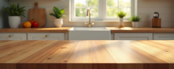 Gleaming wood tabletop, soft-focus kitchen scene, dining, background, display