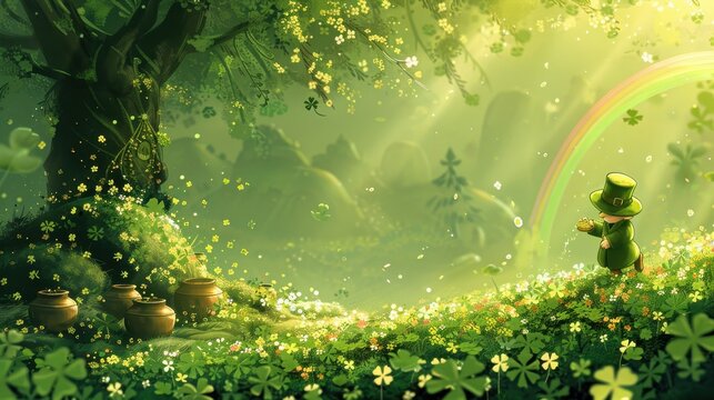 A whimsical leprechaun in a vibrant green enchanted forest with a rainbow and pot of gold