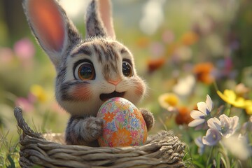 Cute rabbit holding a colorful Easter egg in a vibrant flower garden on a sunny day