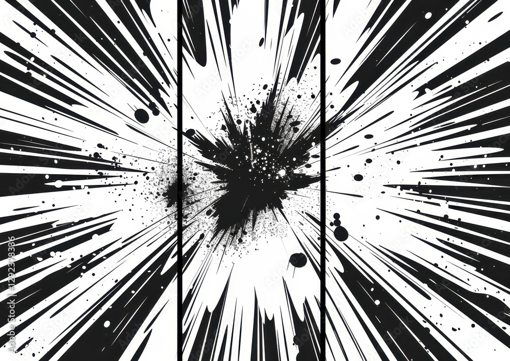 Poster abstract black and white explosion with radial lines and ink splatter
