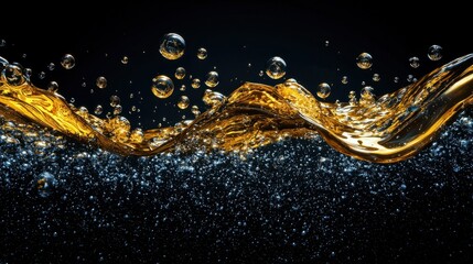 Golden Liquid with Bubbles and Sparkles Against Dark Background