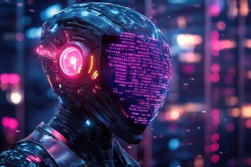 Futuristic Robot with Glowing Interface in Cyberpunk Environment 3D Rendering