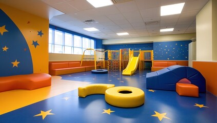 Brightly colored indoor playground with star decorations creating a joyful and energetic atmosphere