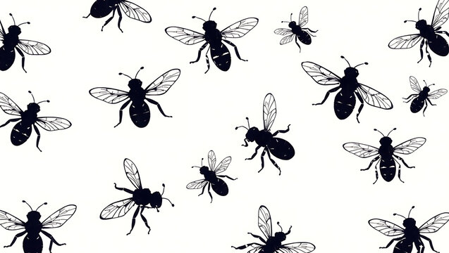 <Black and White Bee Illustration Pattern: Elegant Wildlife and Nature Vector Design>