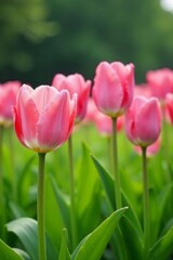 Fototapeta premium Pink tulips with white petals gently falling on a grassy field , white tulips, flowers in bloom