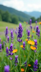 Fototapeta premium Purple lavender plants growing amidst green grass and wildflowers in a serene rural landscape, growth, lavender