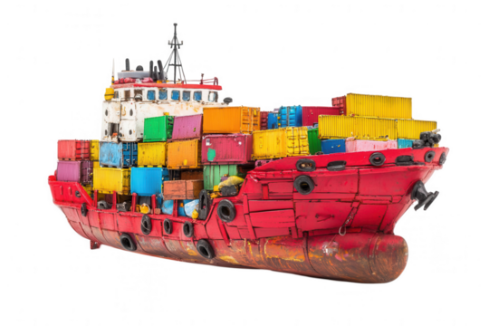 Vivid red cargo ship loaded with colorful shipping containers navigating at a busy port during the day with a transparent background