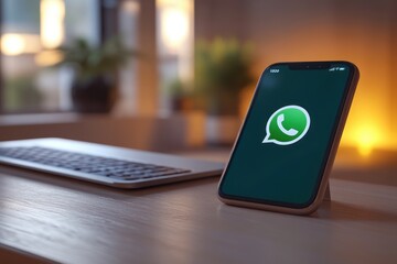 Close-Up of Smartphone Screen with Messaging App Logo in Modern Minimalist Style with Warm Ambient Lighting