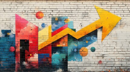 Professional Development Mural on White Brick Wall with Upward Arrow and Office Supplies