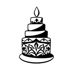 Black and White Cake with Candle, Illustrative Silhouette.