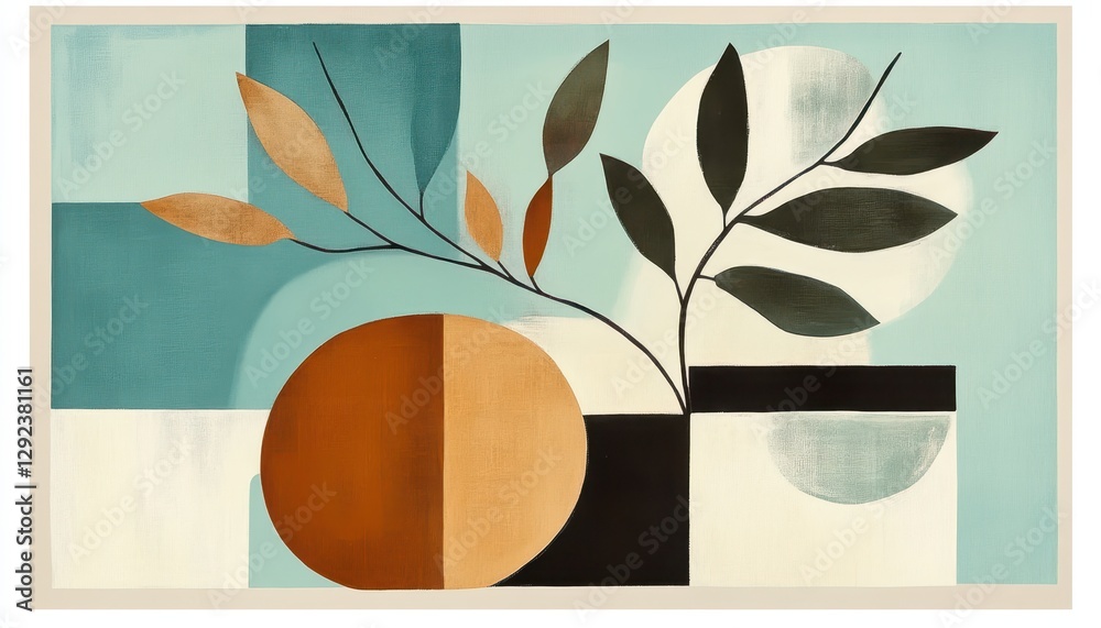 Poster abstract botanical composition with geometric shapes and earthy tones