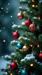 Naklejka premium Snowflakes gently falling on a Christmas tree, serene, festive