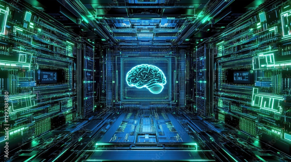 Poster digital intelligence concept with a glowing cyber brain interfacing with a quantum supercomputer.