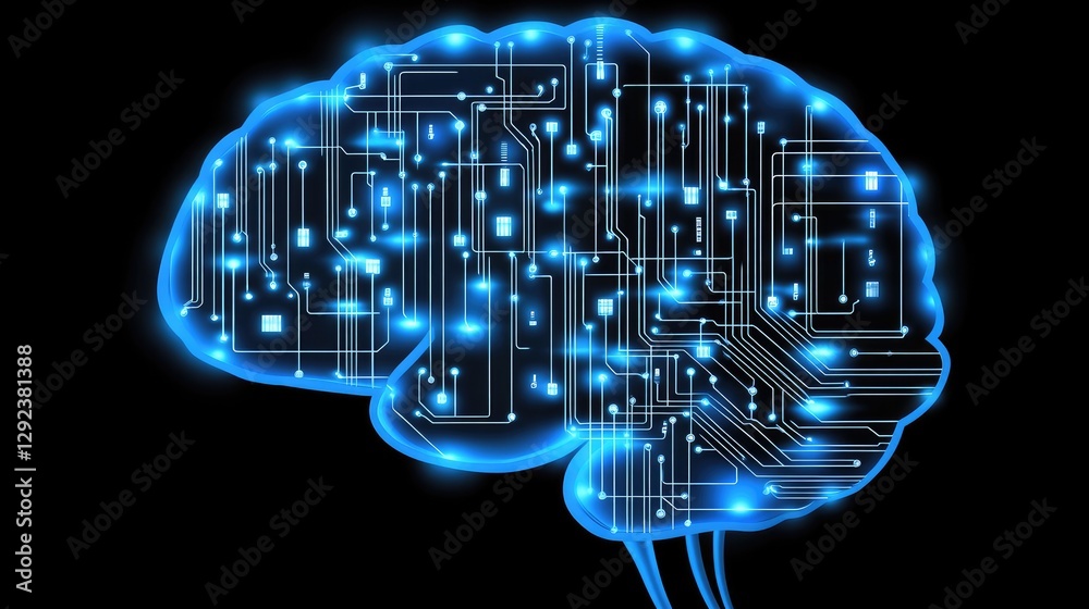 Poster digital human brain with neural circuits extending into a holographic computer interface, representi