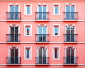 Fototapeta premium Pink apartment building facade with balconies