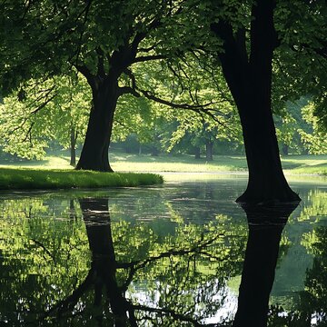 A serene pond surrounded by trees and grass, with their reflections beautifully mirrored on the water's surface.
