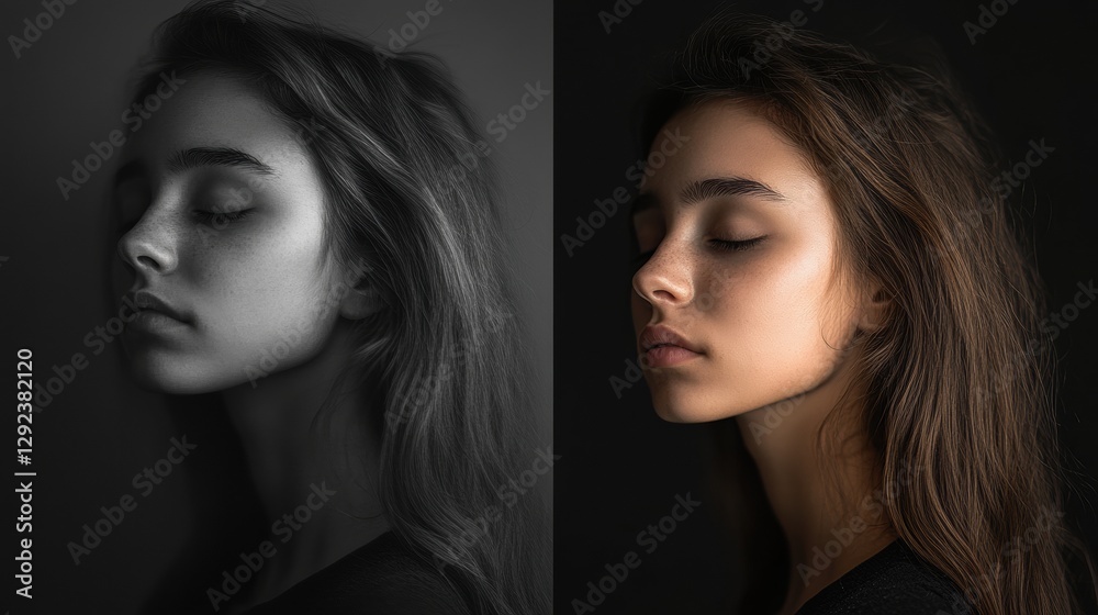 Leinwandbilder mood transformation from sadness to serenity captured in grayscale and color. generative ai