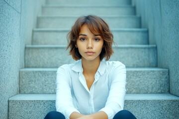 Commercial digital ads concept artwork art. Pretty calm mixed-race girl - for ads, billboard and digital use. Short coiffure - highlighted hair. Commercial beauty model. Short hair woman trend.