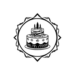 Black and white illustration of a birthday cake in a decorative circular frame with a classic, elegant look.