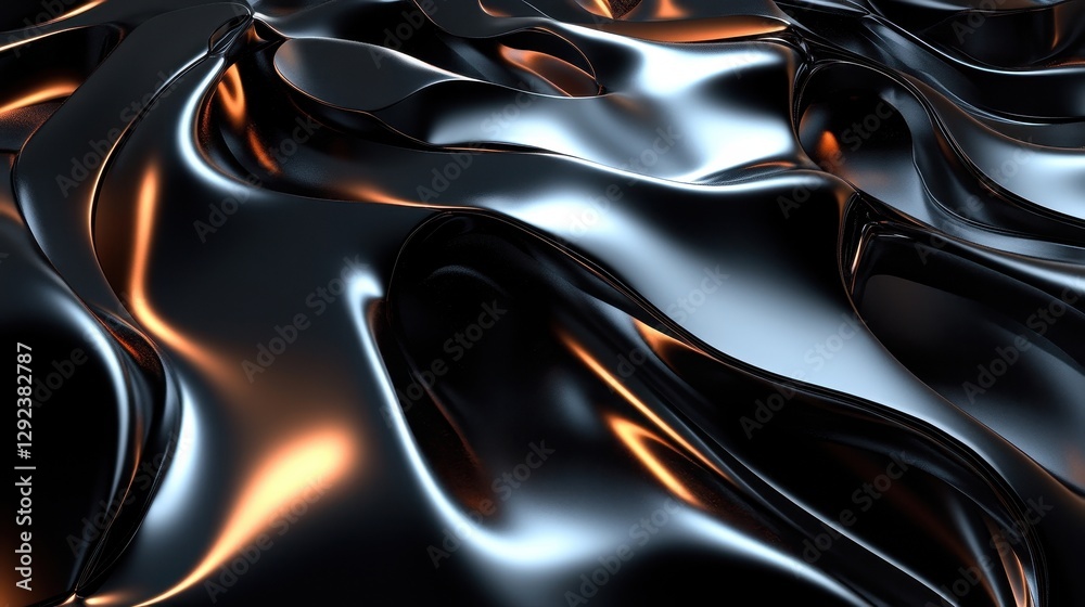 Poster Abstract Dark Metallic Texture with Flowing Waves and Orange Glow