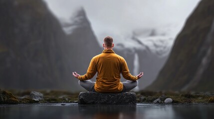 Fototapeta premium Man meditates by a serene lake, mountains in the background. Peaceful scene.