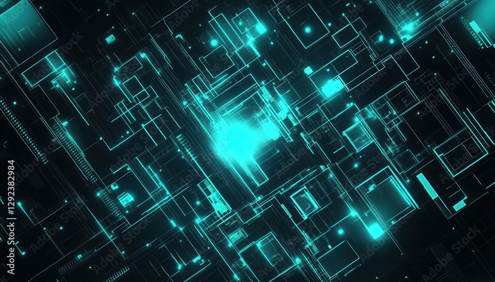 Poster Abstract digital background with glowing cyan particles and network connections. Futuristic technology illustration with bright light effects and dynamic energy. High tech texture with modern design a