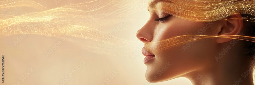 Poster golden flowing lines enhance the youthful glow of a womans face showcasing the effects of a lifting 