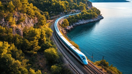 Scenic Train Journey Along Coastal Landscape with Lush Green Forest and Clear Blue Water at Sunset